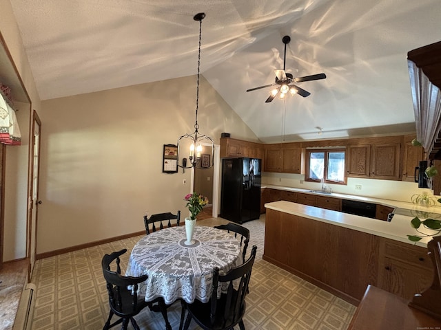 kitchen with ceiling fan, sink, black refrigerator with ice dispenser, high vaulted ceiling, and kitchen peninsula