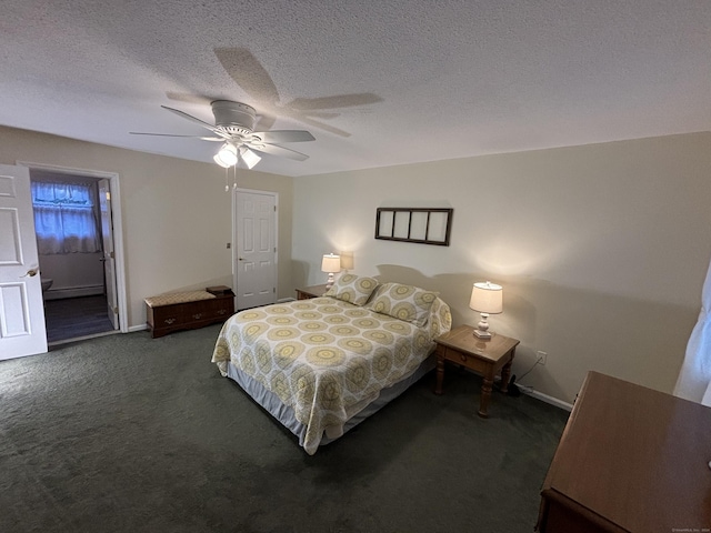 bedroom with ceiling fan, a baseboard radiator, a textured ceiling, and dark colored carpet