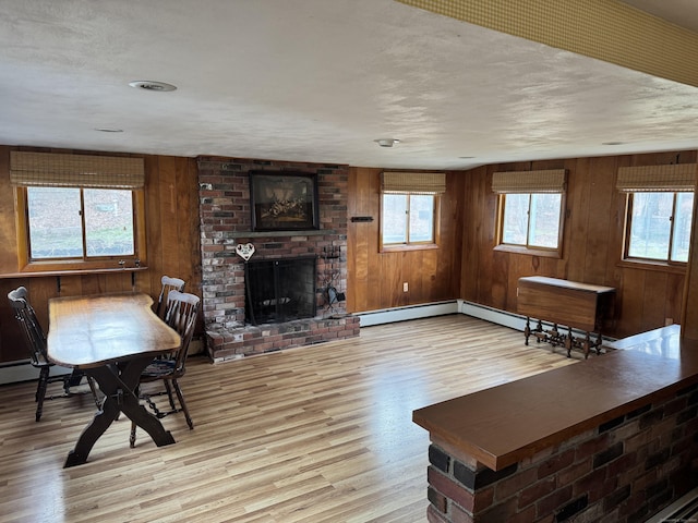 living room with wood walls, light hardwood / wood-style flooring, and plenty of natural light