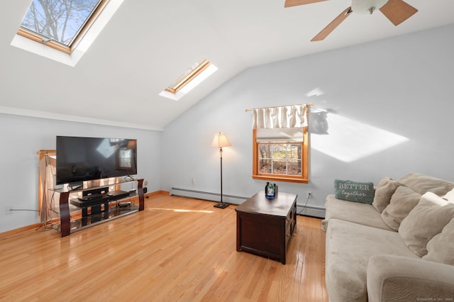 living room featuring vaulted ceiling with skylight, ceiling fan, baseboard heating, and light hardwood / wood-style flooring