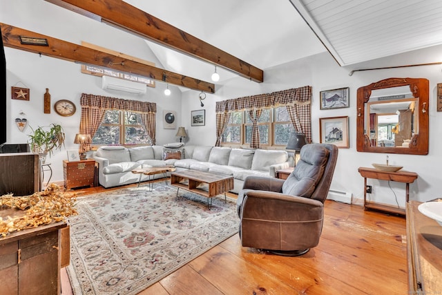 living room featuring hardwood / wood-style flooring, vaulted ceiling with beams, a wall mounted AC, and a baseboard heating unit