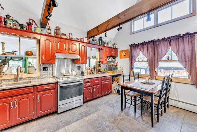 kitchen featuring lofted ceiling with beams, sink, stainless steel range with electric cooktop, and a wealth of natural light