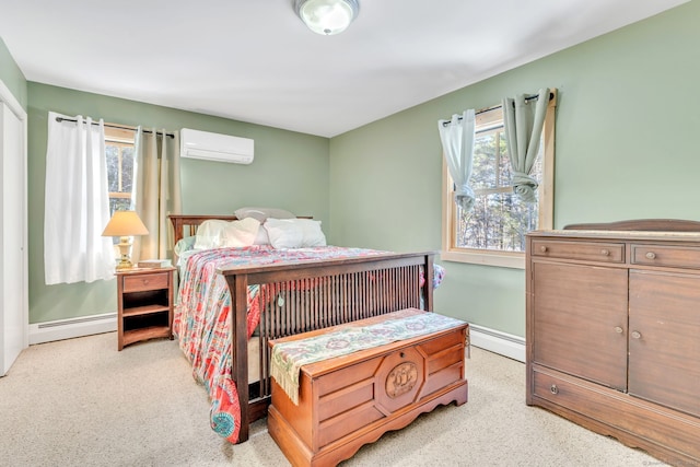 carpeted bedroom with baseboard heating, a wall unit AC, and multiple windows