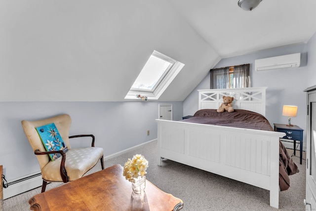 bedroom with carpet, lofted ceiling with skylight, a baseboard radiator, and a wall mounted AC