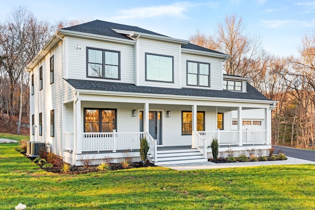 view of front of home with covered porch, central AC unit, a front lawn, and roof with shingles