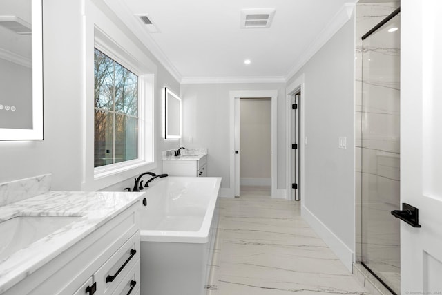 bathroom featuring two vanities, visible vents, baseboards, marble finish floor, and ornamental molding