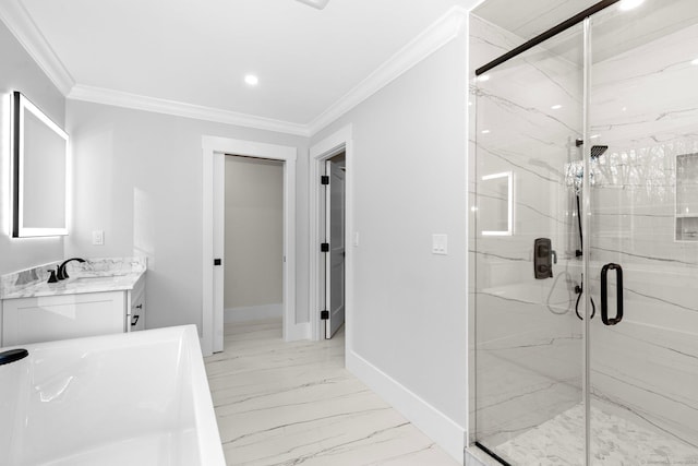 bathroom with marble finish floor, a marble finish shower, ornamental molding, vanity, and baseboards