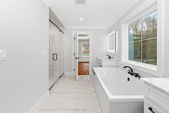 full bathroom featuring a stall shower, visible vents, ornamental molding, marble finish floor, and vanity