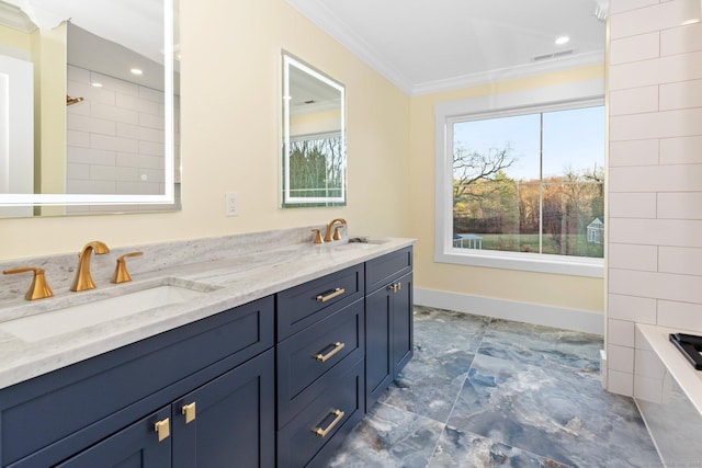 bathroom with a shower, vanity, and ornamental molding