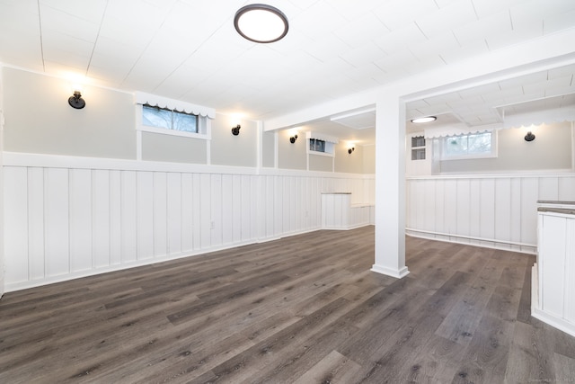 basement featuring a wealth of natural light and dark wood-type flooring