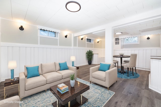 living room featuring a wealth of natural light and wood-type flooring