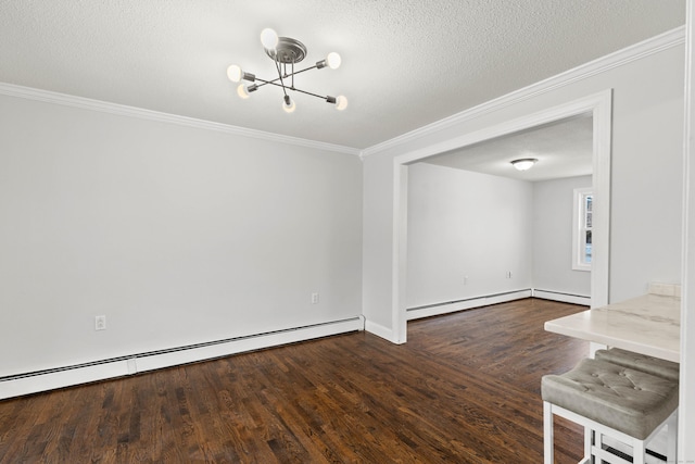 spare room with a baseboard radiator, dark wood-type flooring, crown molding, a chandelier, and a textured ceiling