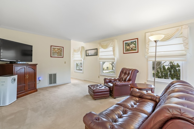 carpeted living room with crown molding