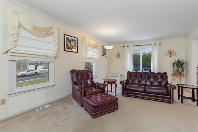 living room with carpet floors and ornamental molding