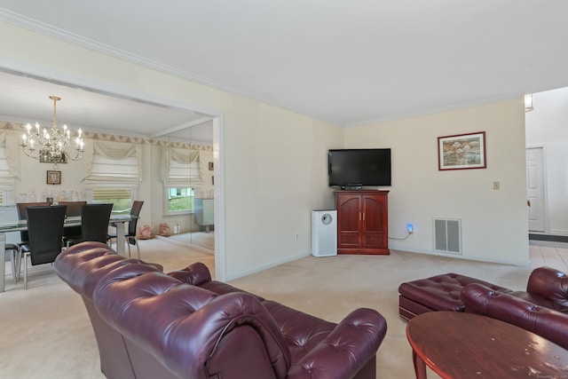 living room with a notable chandelier, light colored carpet, and crown molding