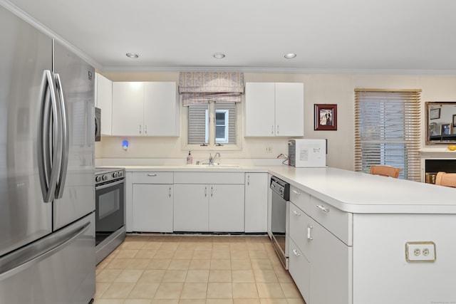 kitchen with kitchen peninsula, stainless steel appliances, crown molding, sink, and white cabinetry