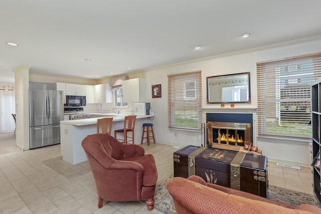 tiled living room with sink and ornamental molding