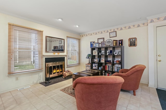 living room featuring crown molding and light tile patterned flooring