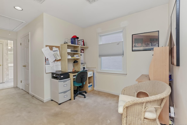 home office featuring light carpet