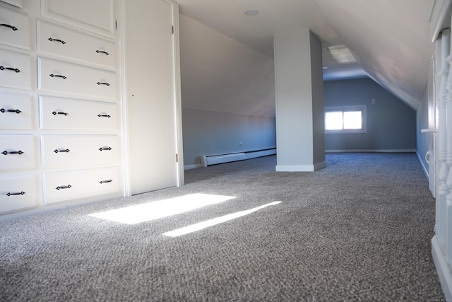 bonus room featuring light colored carpet, a baseboard radiator, and lofted ceiling