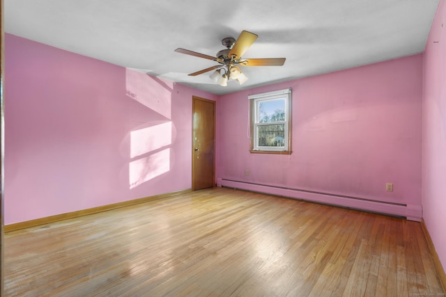 empty room with a baseboard heating unit, ceiling fan, wood-type flooring, and baseboards