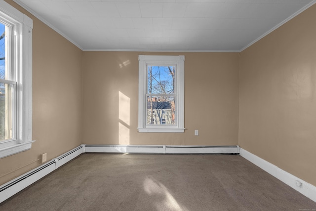 unfurnished room featuring baseboard heating, crown molding, and carpet floors