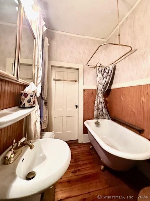 bathroom with sink, a bathtub, and hardwood / wood-style flooring