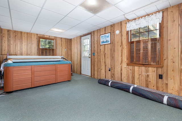 misc room featuring carpet, a drop ceiling, and wooden walls