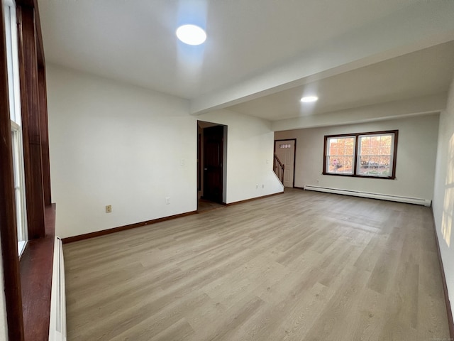 unfurnished room featuring light hardwood / wood-style floors and a baseboard heating unit