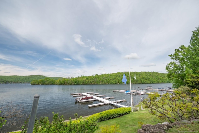 view of dock with a forest view and a water view