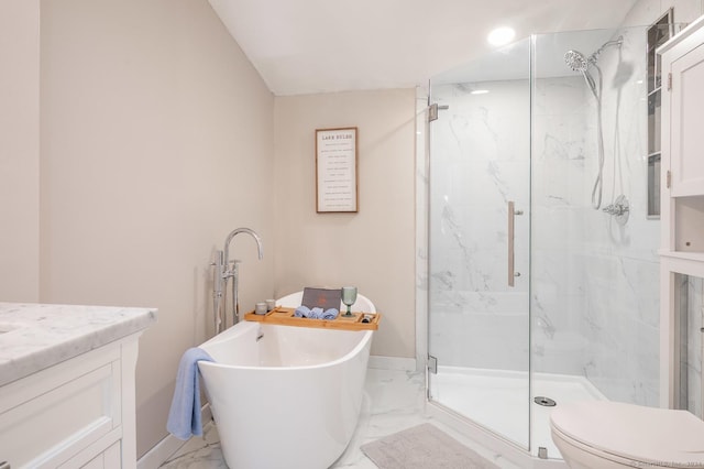 full bath featuring vanity, baseboards, a marble finish shower, a soaking tub, and marble finish floor