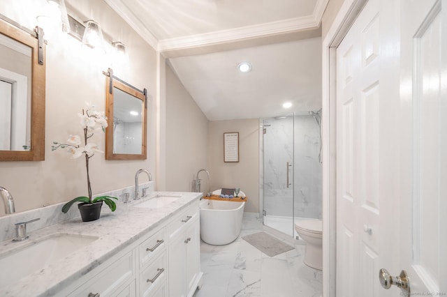 bathroom with crown molding, marble finish floor, a marble finish shower, and a sink