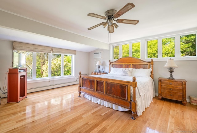 bedroom featuring a wall unit AC, light wood-style flooring, vaulted ceiling, and a baseboard radiator