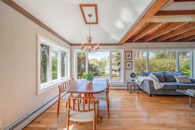 dining area featuring vaulted ceiling with beams, a wealth of natural light, and a baseboard radiator