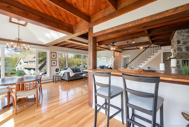 kitchen featuring butcher block countertops, open floor plan, pendant lighting, lofted ceiling with beams, and light wood-style floors