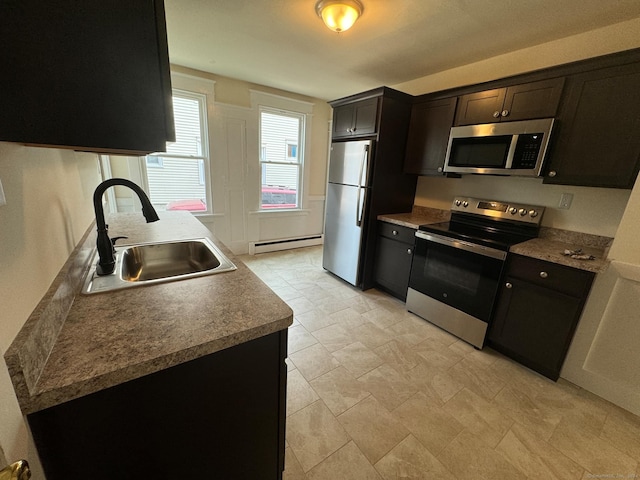 kitchen featuring appliances with stainless steel finishes, baseboard heating, and sink