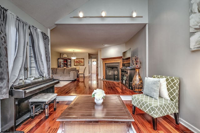 living room featuring a fireplace and hardwood / wood-style floors