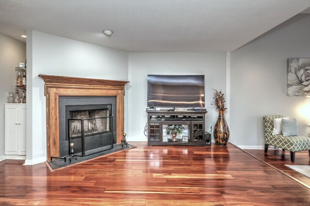 living room featuring wood-type flooring and a textured ceiling