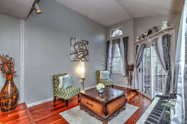 sitting room featuring hardwood / wood-style floors and lofted ceiling