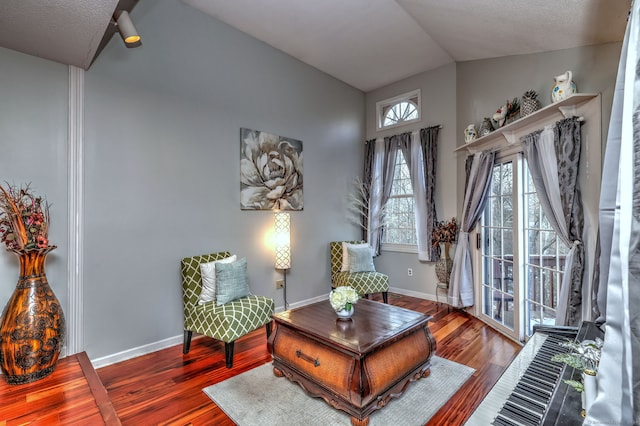 sitting room featuring hardwood / wood-style floors and lofted ceiling