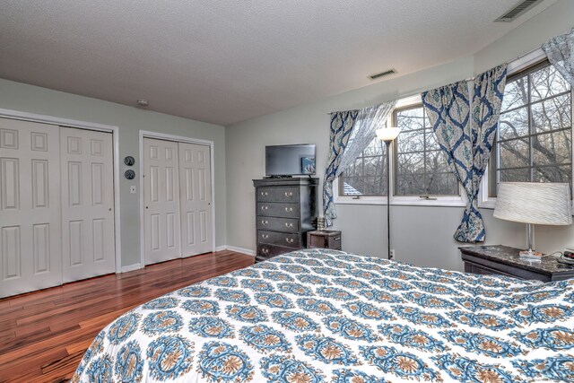 bedroom with two closets, dark hardwood / wood-style floors, and a textured ceiling