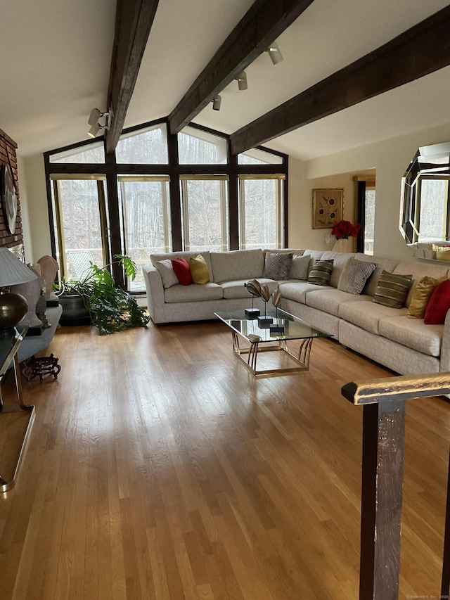 living room featuring vaulted ceiling with beams, plenty of natural light, rail lighting, and wood-type flooring