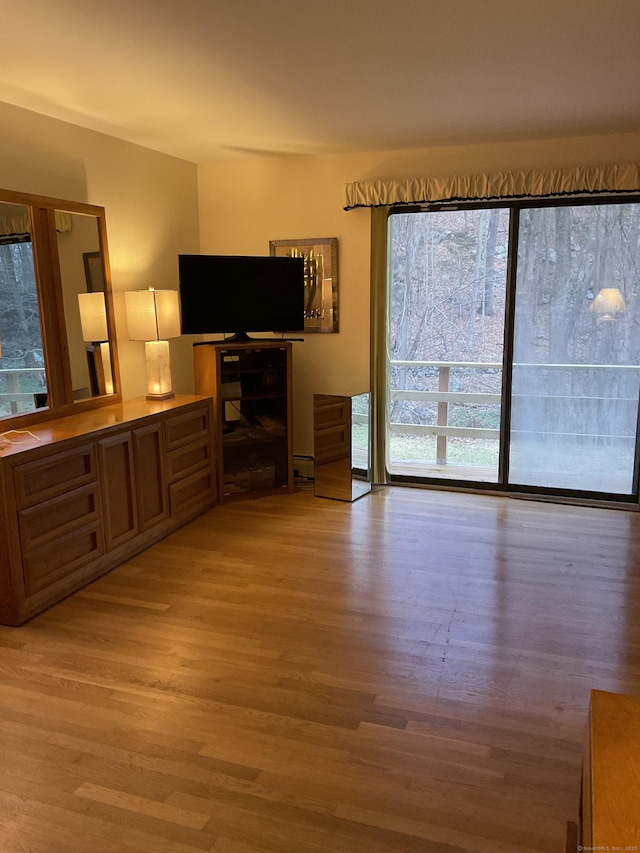 unfurnished living room featuring plenty of natural light, light hardwood / wood-style floors, and a baseboard radiator