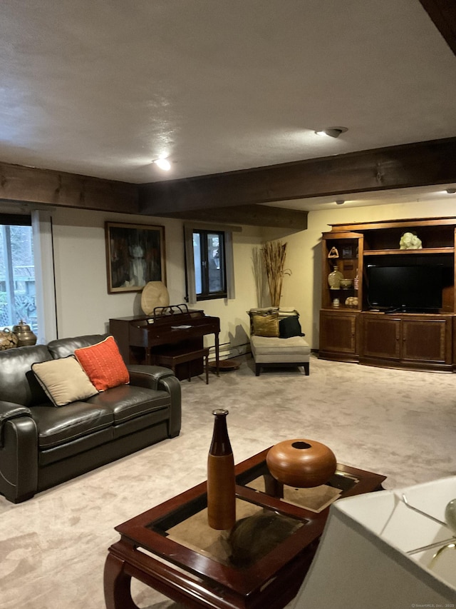 living room featuring beamed ceiling and carpet floors