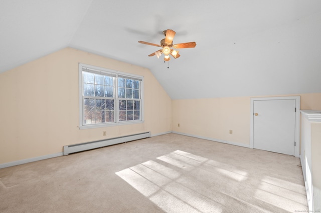 bonus room featuring a baseboard radiator, vaulted ceiling, ceiling fan, and light colored carpet