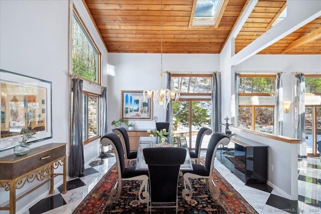 dining area featuring vaulted ceiling with skylight, wooden ceiling, and light tile patterned floors