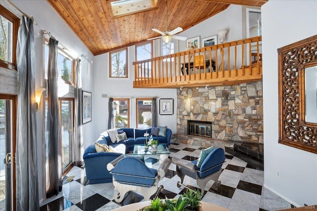 living room with plenty of natural light, wood ceiling, and a skylight