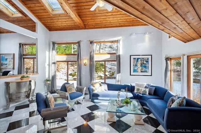 living room featuring vaulted ceiling with skylight, wood ceiling, and a wealth of natural light