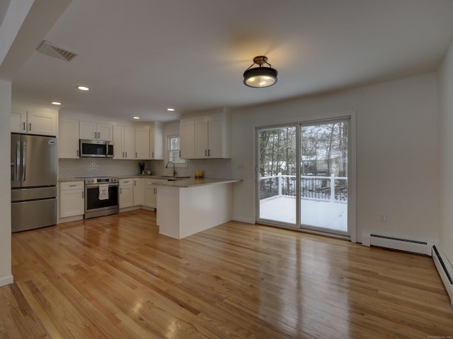 kitchen with white cabinetry, tasteful backsplash, a baseboard radiator, appliances with stainless steel finishes, and kitchen peninsula