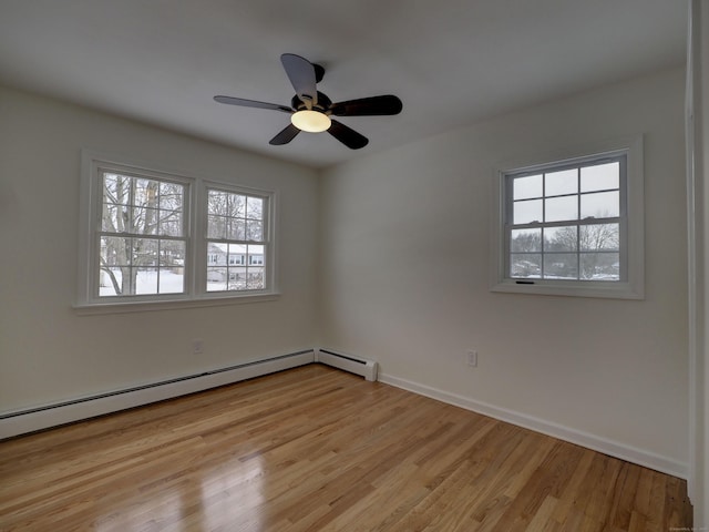 unfurnished room with ceiling fan, baseboard heating, and light hardwood / wood-style flooring